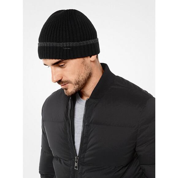 Michael Kors Ribbed Knit Beanie Hat Men Black Gray Winter Streetwear Designer - Picture 1 of 7